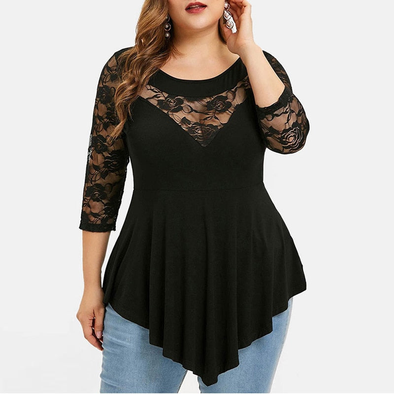 Plus Size Floral Lace Tunic Blouse Shirt for Women - Sexy Hollow Out, Ruffled, Irregular Hem - Spring Autumn Big Size Tops