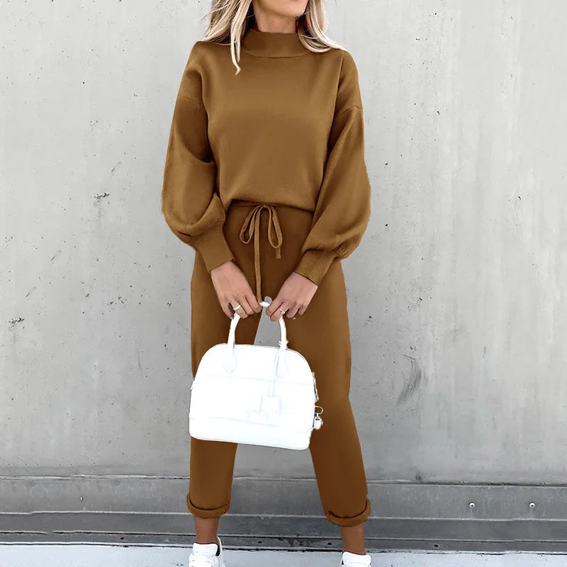 Women's Autumn/Winter Two-Piece Casual Tracksuit Set - Solid Color Pullover Sweatshirt and Pants Suit