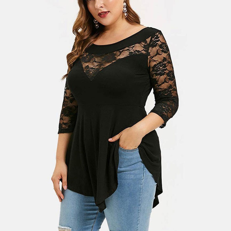 Plus Size Floral Lace Tunic Blouse Shirt for Women - Sexy Hollow Out, Ruffled, Irregular Hem - Spring Autumn Big Size Tops