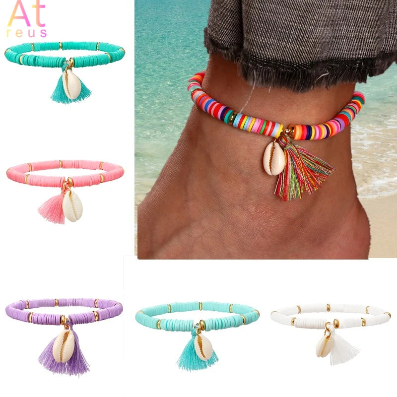 Multicolor Tassel Anklet Bohemian Jewelry For Women Acrylic Beaded Elastic Chain Ankle Chain Leg Foot Chain