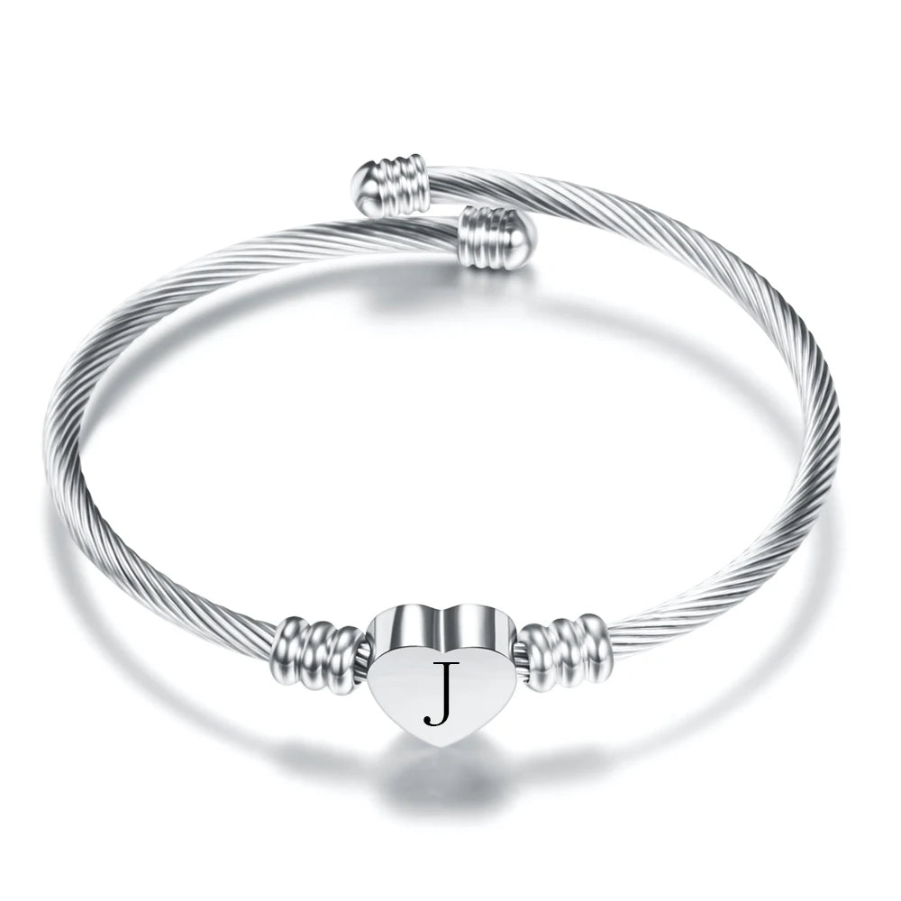 Heart Charm Bangle with Initial Alphabet Engraving for Women | High-Quality Jewelry