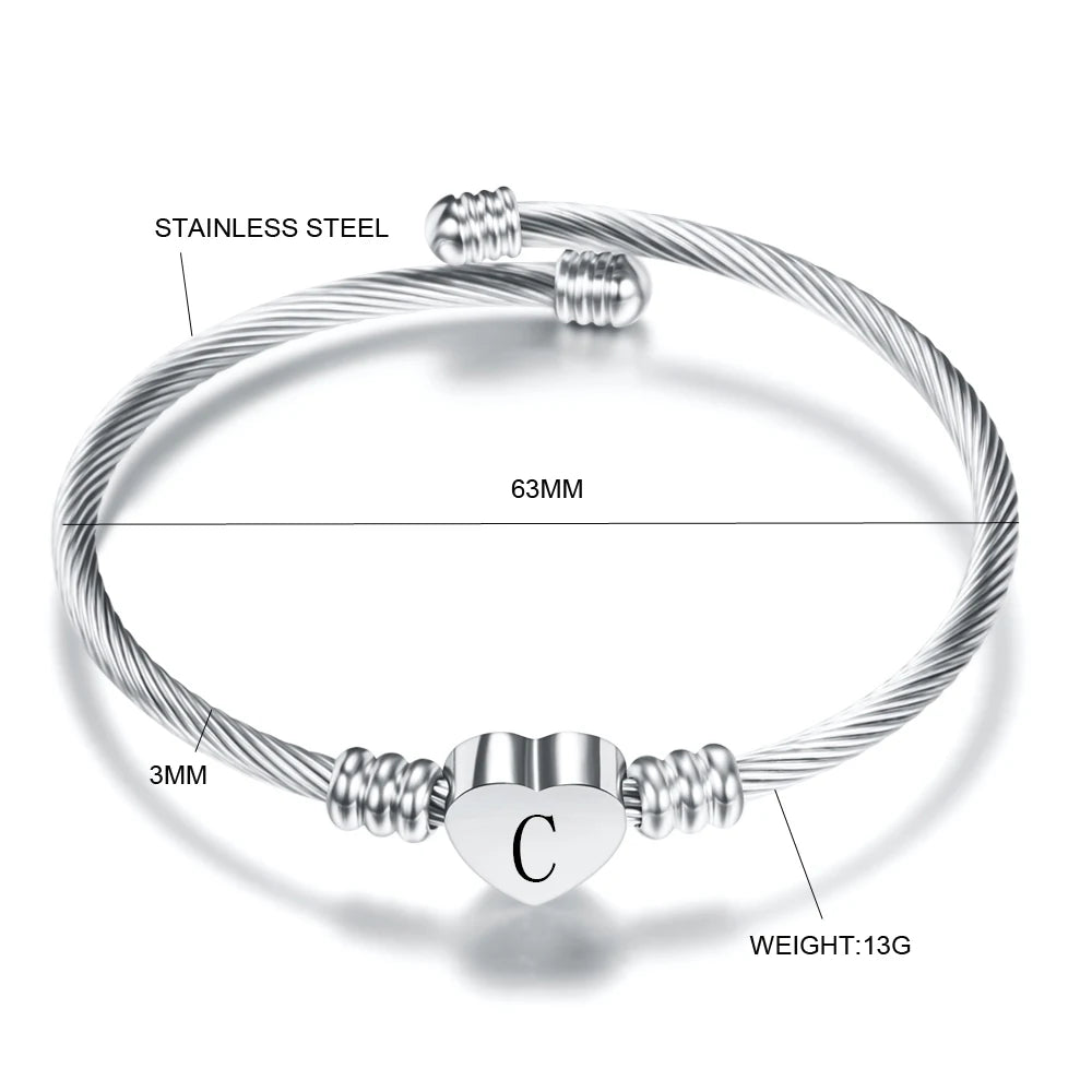 Heart Charm Bangle with Initial Alphabet Engraving for Women | High-Quality Jewelry