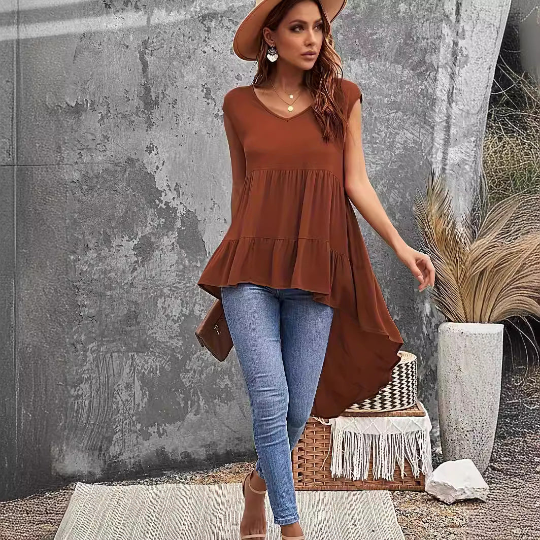 Maroon V-neck Irregular Top Plus Size Women's Clothing