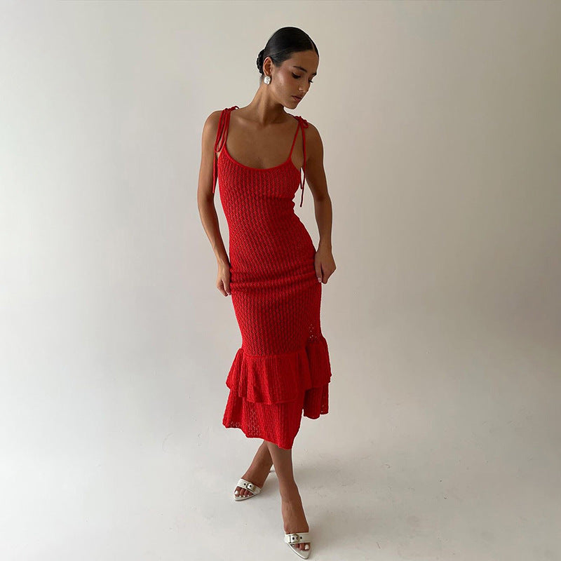 Women's Sleeveless Low-cut Knitted Tied High Waist Slim Fishtail Dress