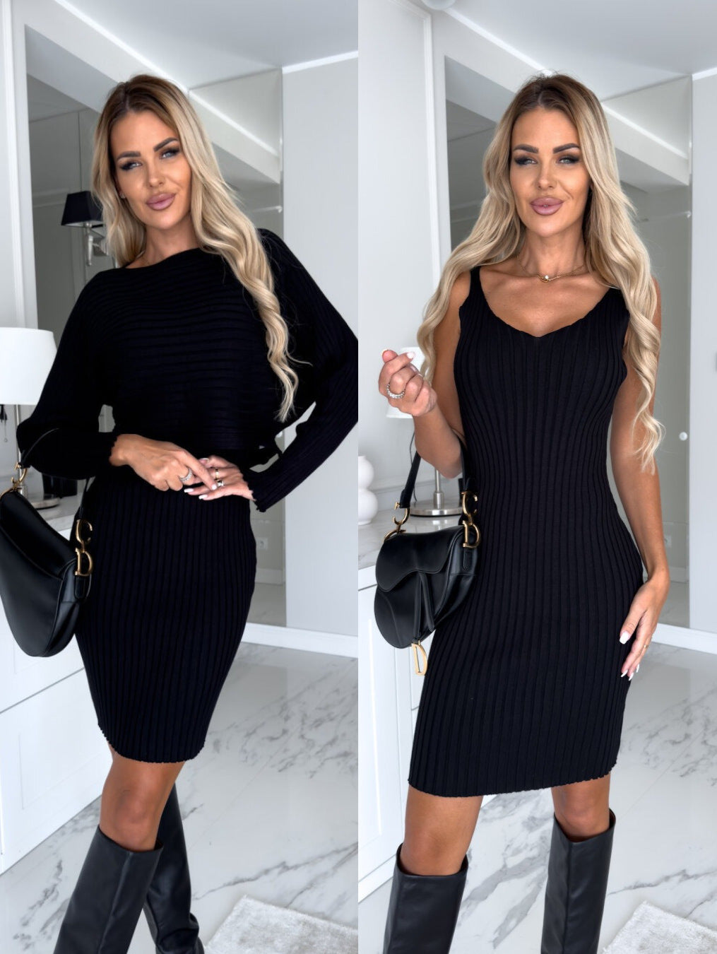 Cross border Fashion Set Women's Autumn New Pit Stripe Long Sleeve Top Suspended Dress