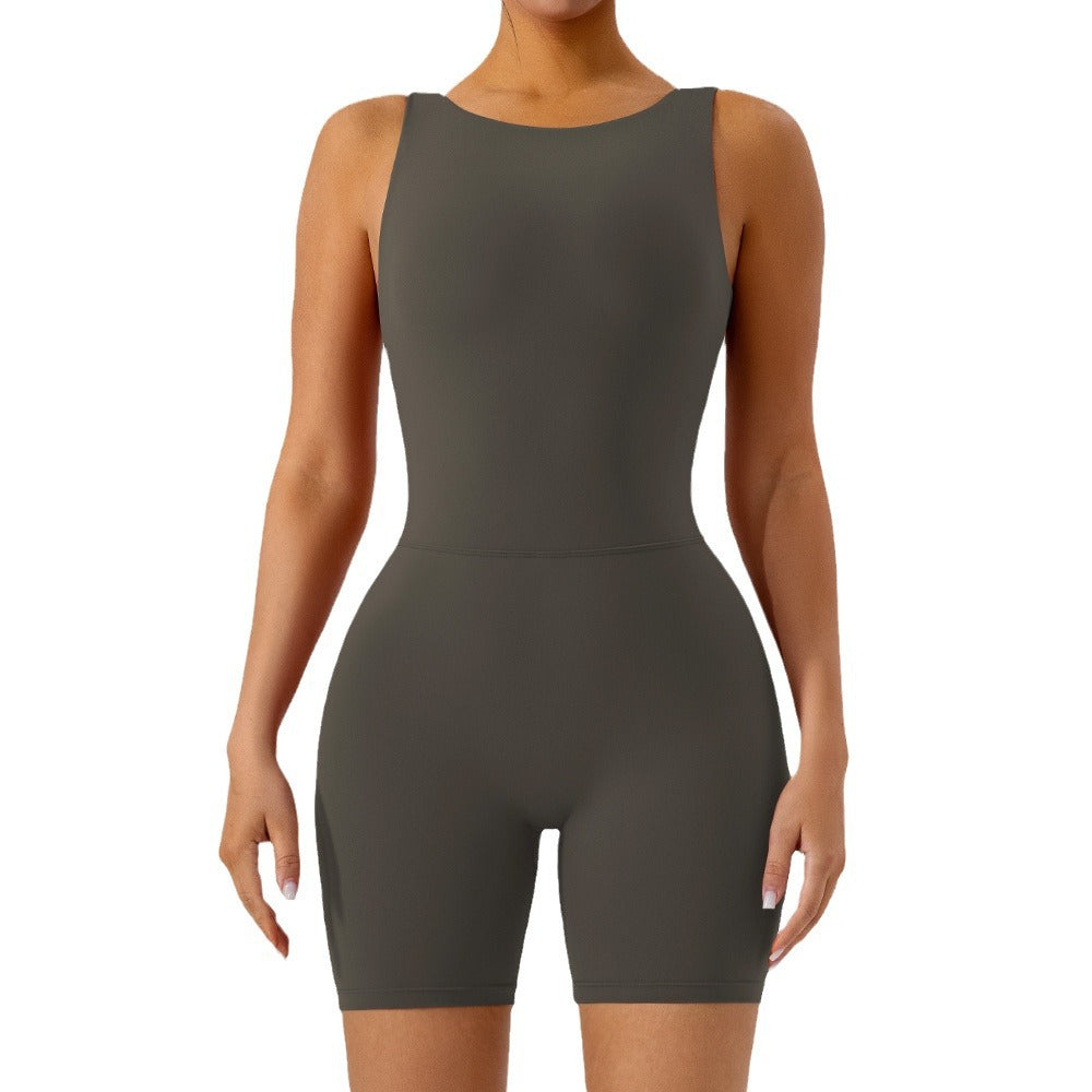 Hollow-out Yoga Jumpsuit Shorts with Back Cutout - Women's Fitness Apparel