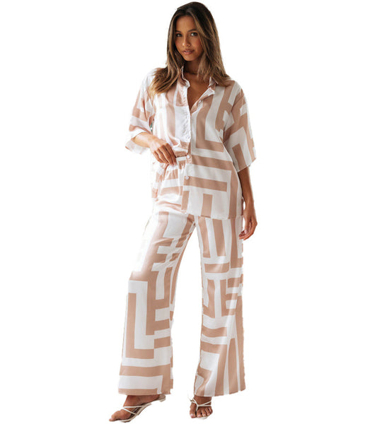 Women's Printed Lapel Short-Sleeve Shirt and Wide-Leg Trousers Set