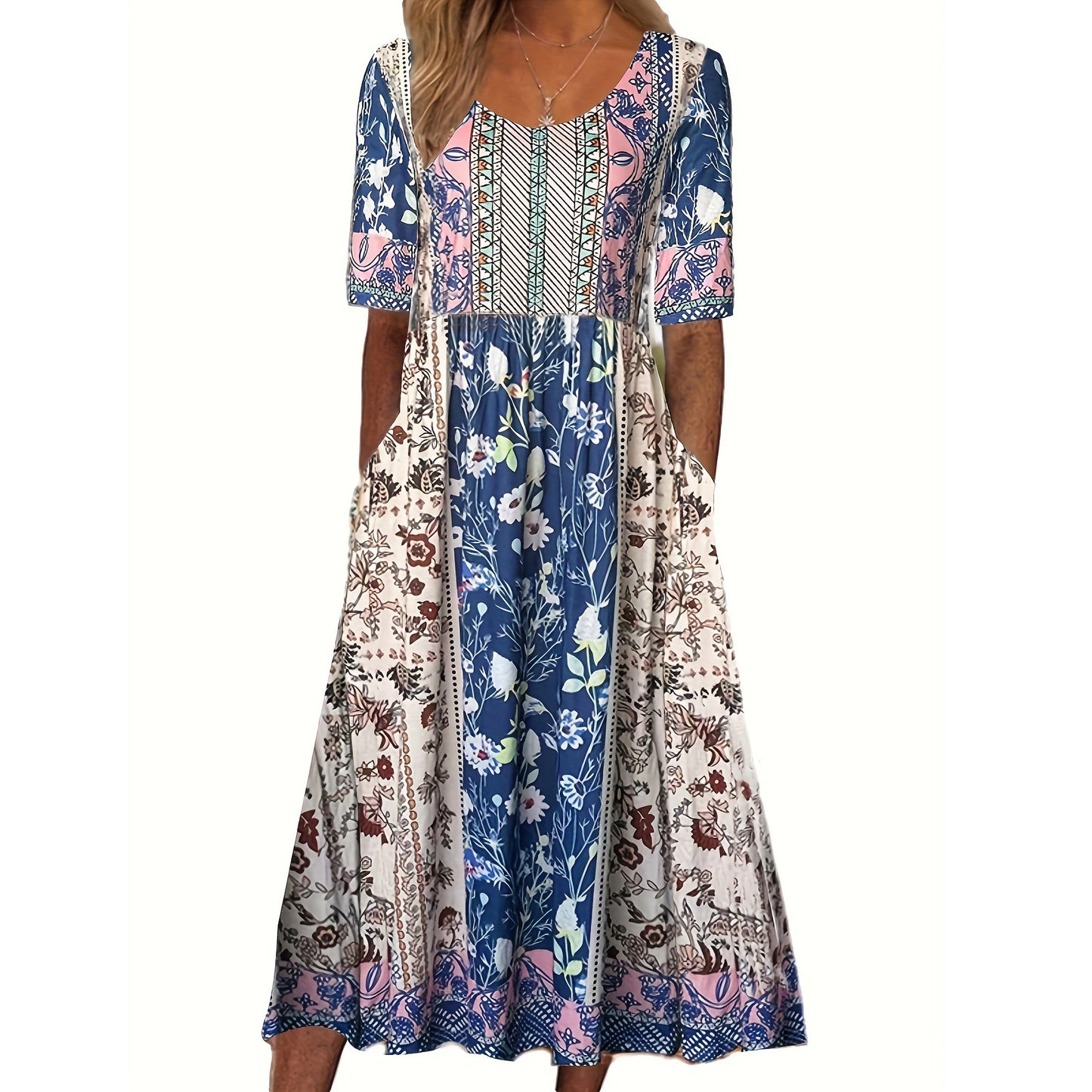 Women's Round Neck Short Sleeve Maxi Dress Bohemian Print Dress