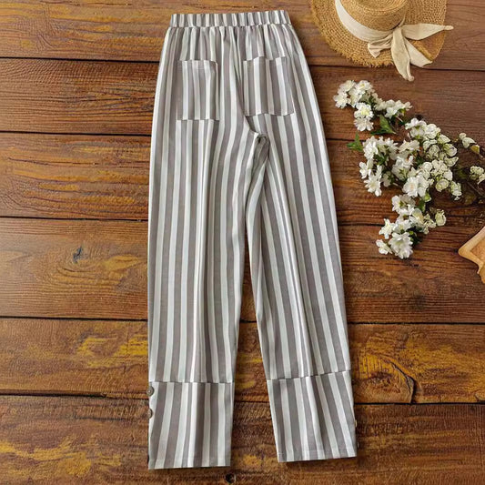 Women's Striped Casual Trousers featuring Decorative Buttons