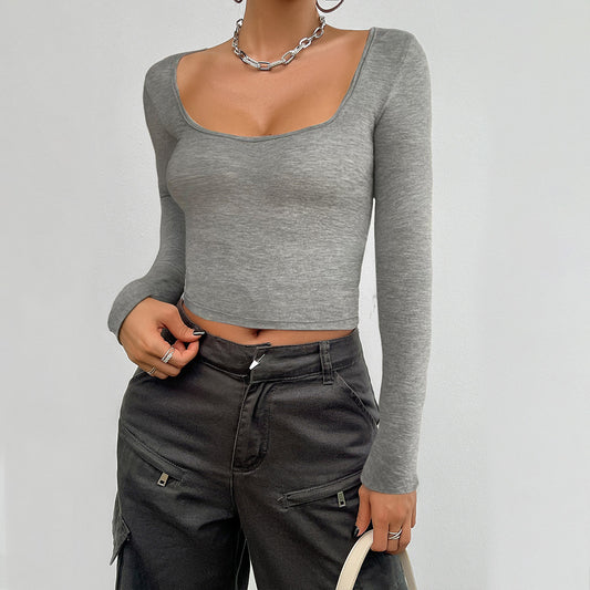 Chic Slim-fit Long-sleeved Solid Top with Square Collar