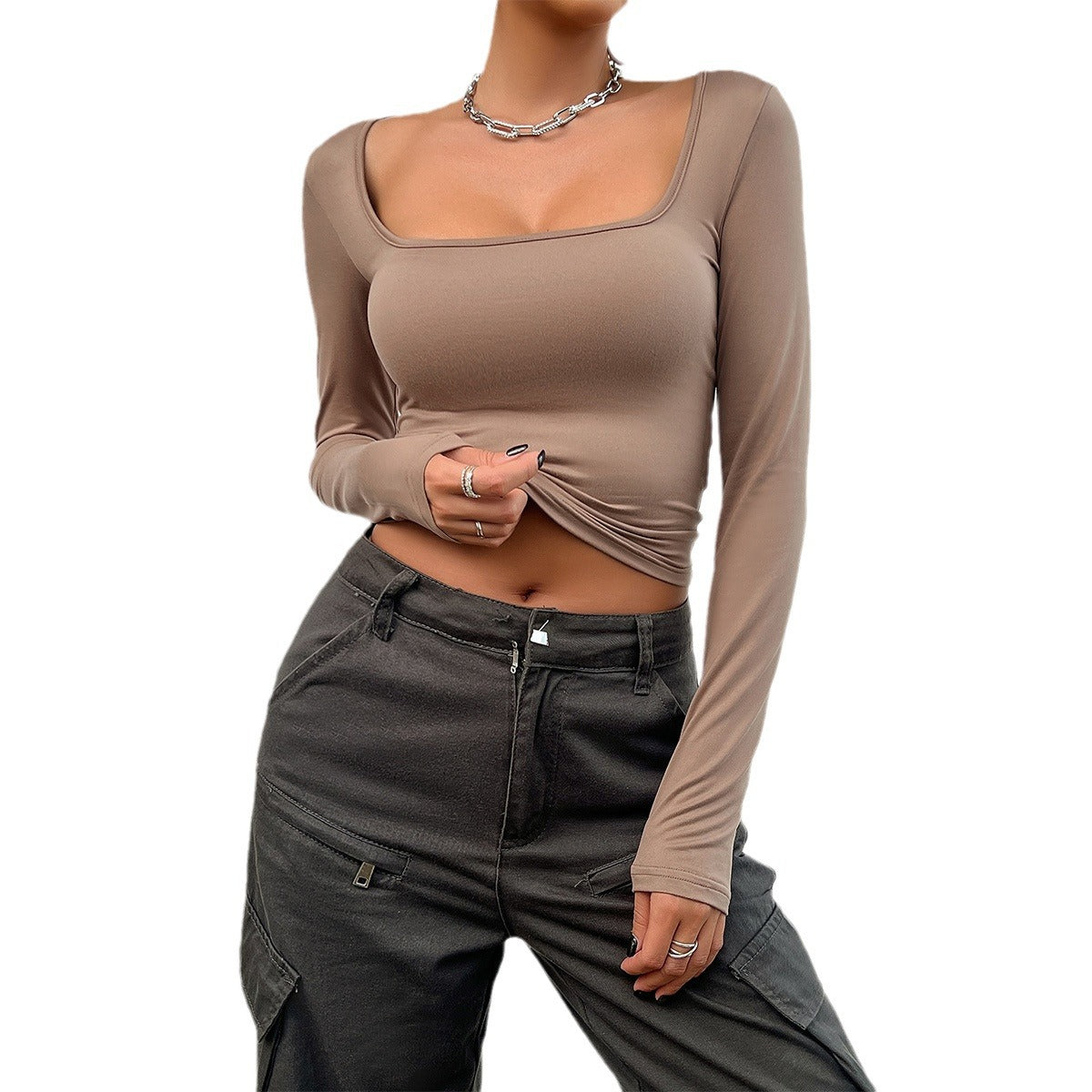 Chic Slim-fit Long-sleeved Solid Top with Square Collar