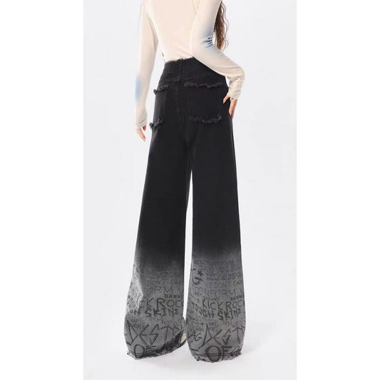 Graffiti Raw Hem High Waist Loose Straight Casual Wide-leg Trousers