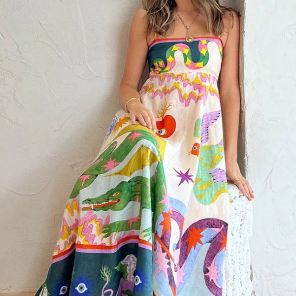 Women's Fashion Printed Loose Casual Sleeveless Sling Large Swing Maxi Dress Women