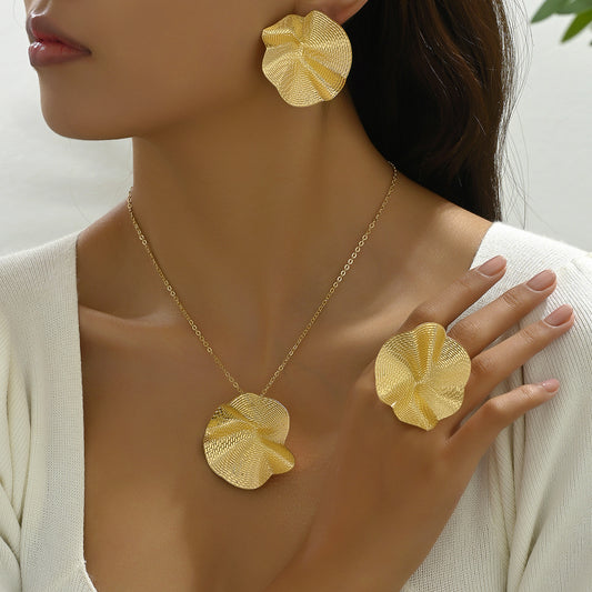 Pastoral Style Pleated Earrings Necklace Ring Set with Lotus Leaf Design