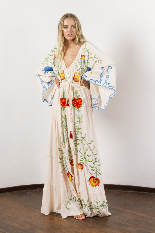 Bohemian Flower Embroidered Hollow Tassel Decorative Vintage Maxi Dress