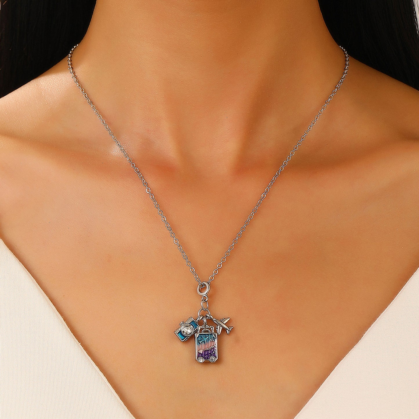 Travel-Themed Necklace with Camera Suitcase Pendant for Women