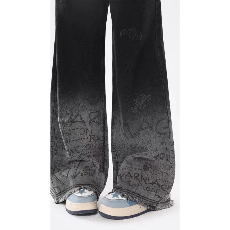 Graffiti Raw Hem High Waist Loose Straight Casual Wide-leg Trousers