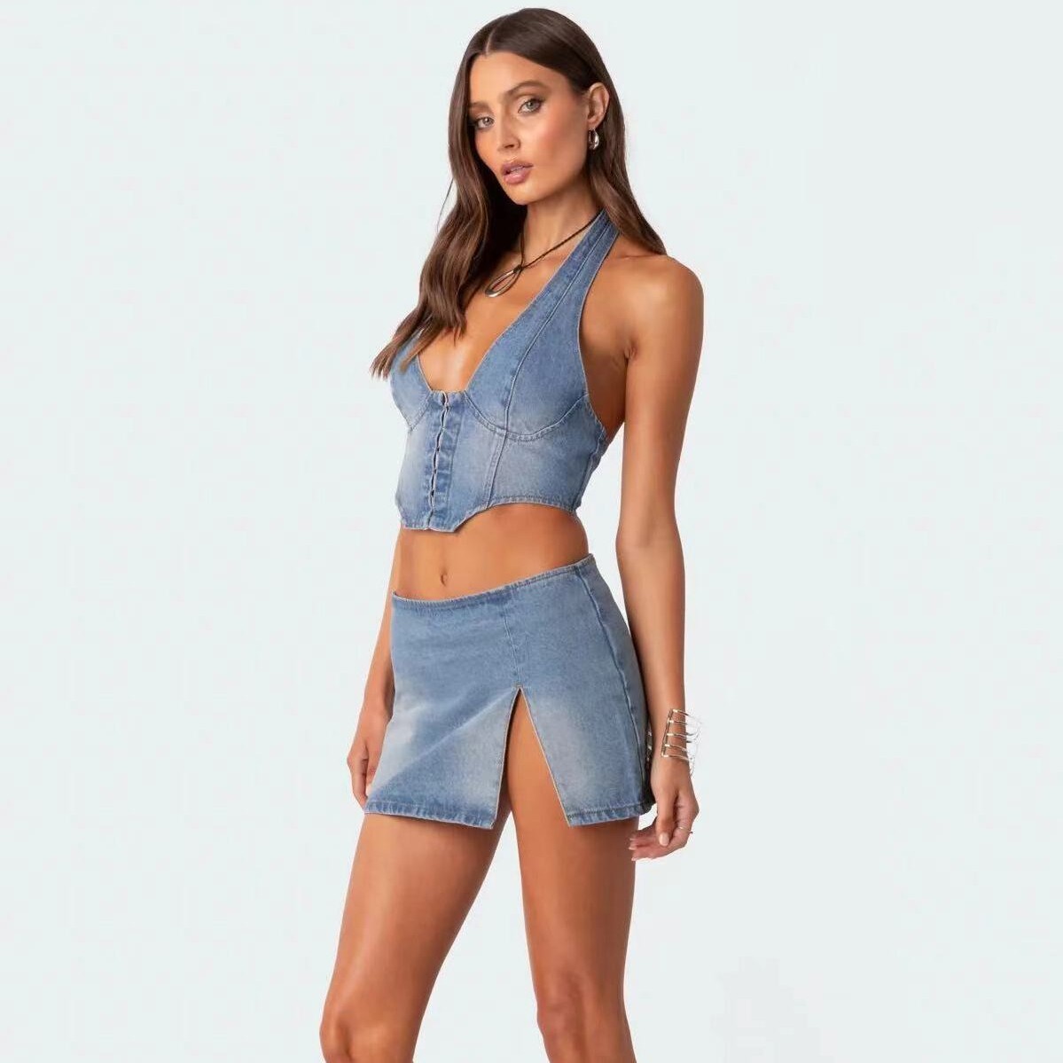 Lace Up Denim Tight Fitting Corset & Skirt - Separate Items