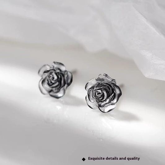 Elegant S999 Sterling Silver Dark Night Rose Stud Earrings for Women