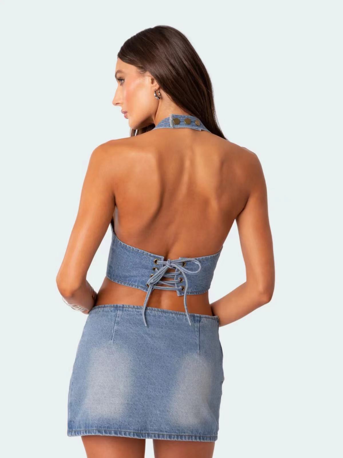 Lace Up Denim Tight Fitting Corset & Skirt - Separate Items