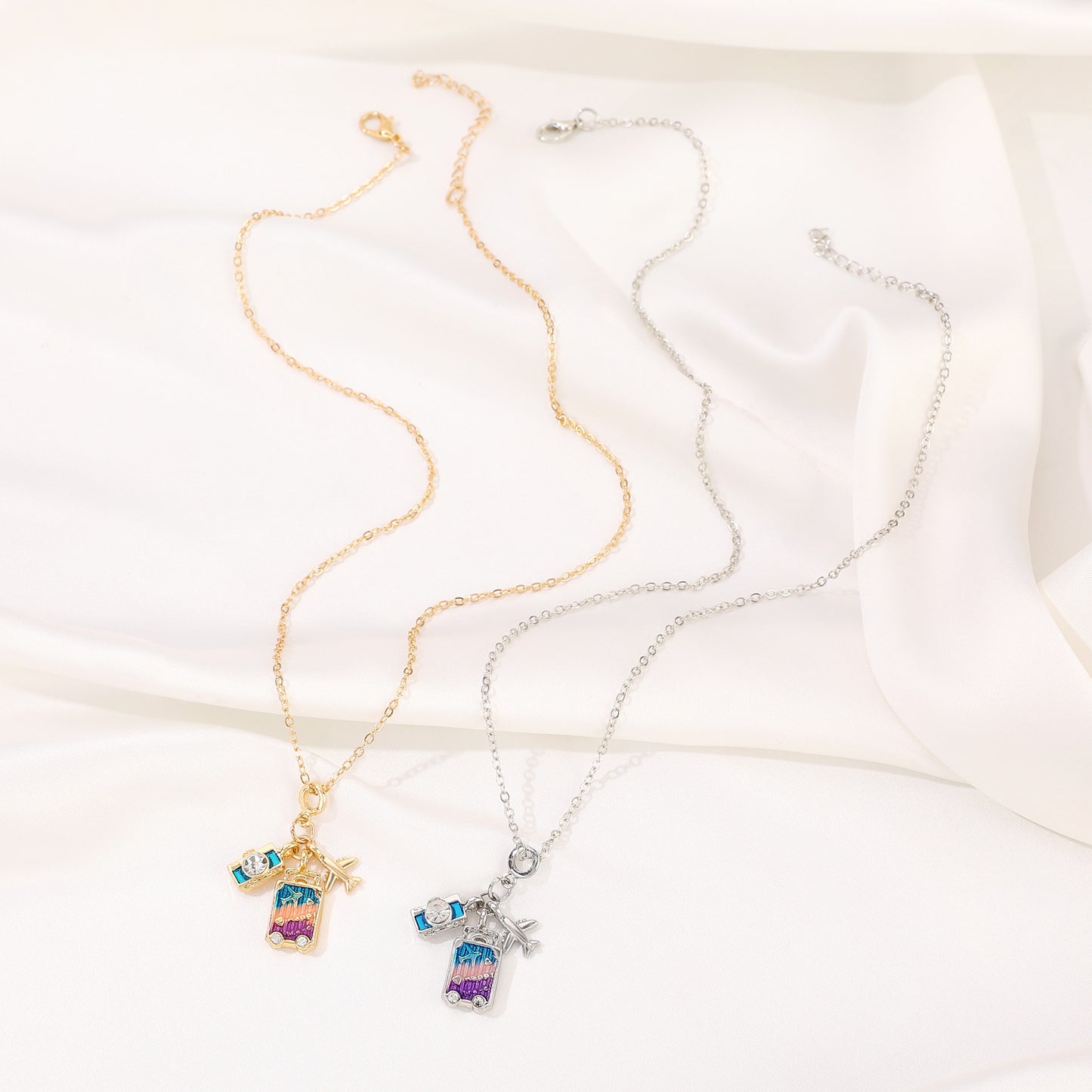 Travel-Themed Necklace with Camera Suitcase Pendant for Women