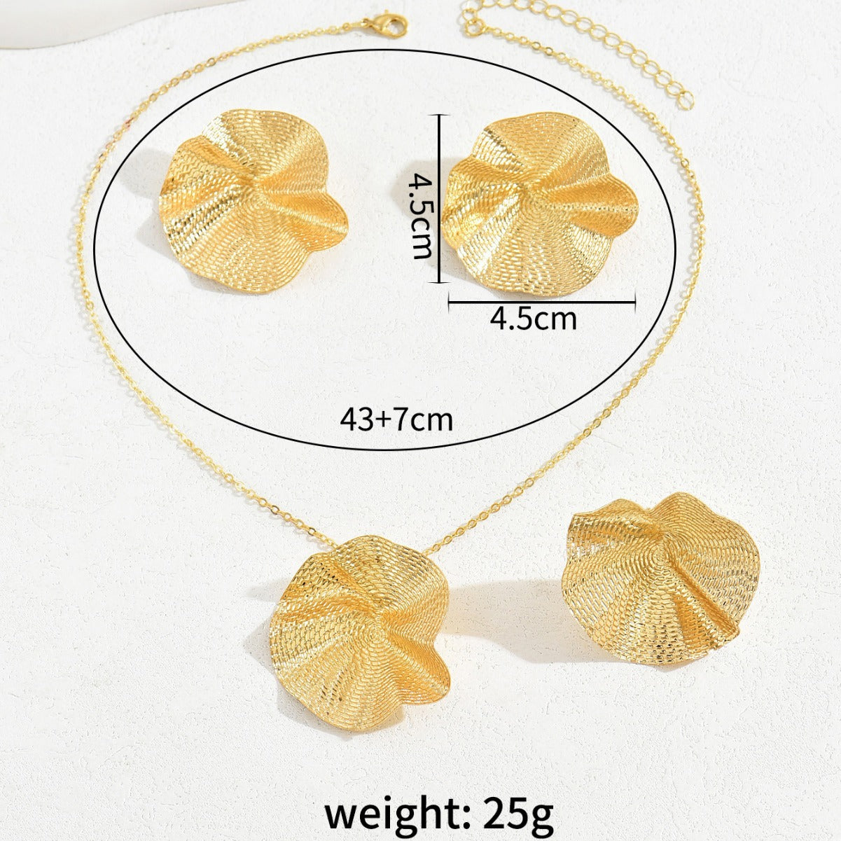 Pastoral Style Pleated Earrings Necklace Ring Set with Lotus Leaf Design