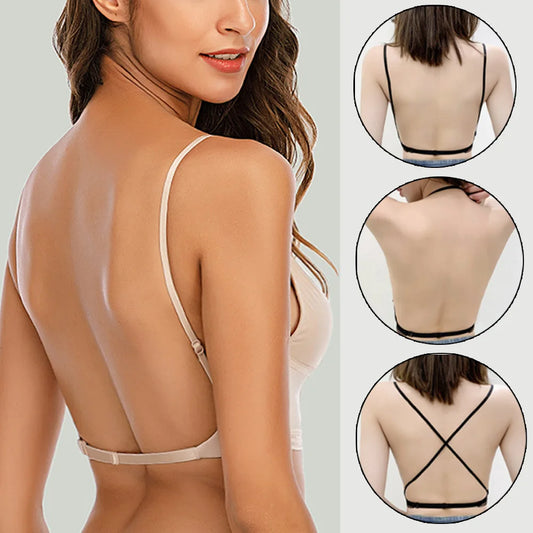 Lace Deep U Low Back Bralette - Sexy Backless Bra with Thin Cup, Halter Styling, Soft Seamless Elastic Underwear Tank Tops for Women