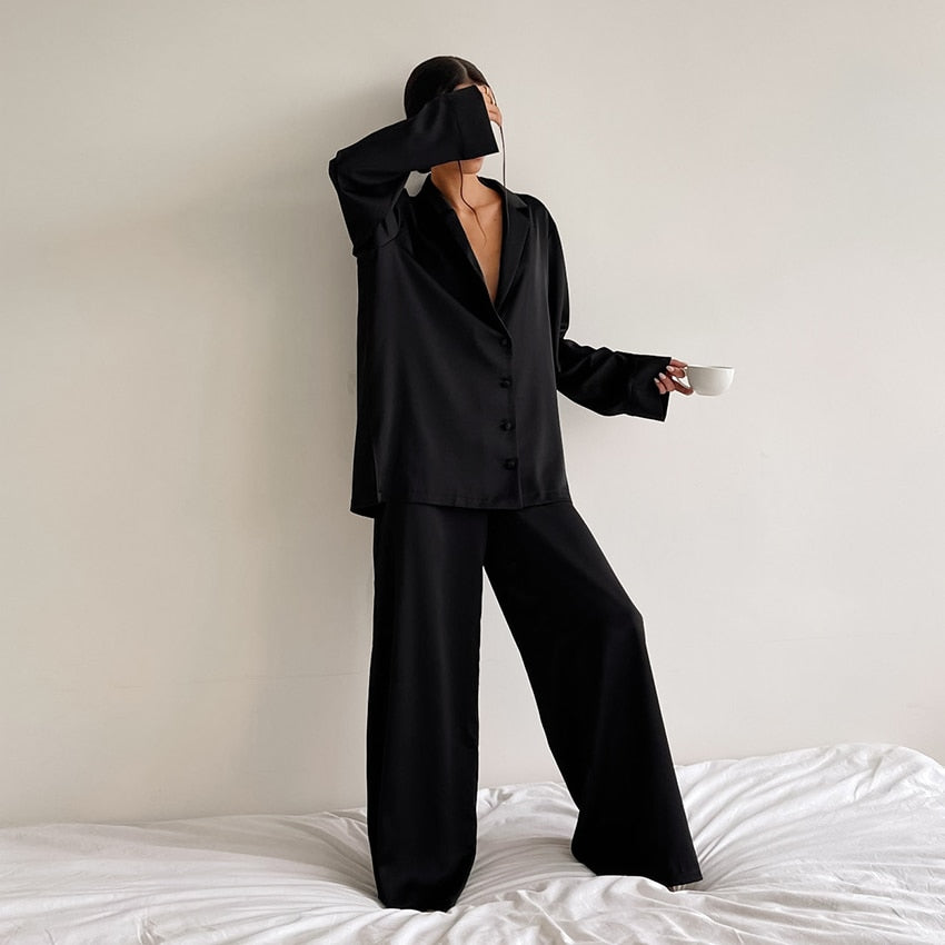 Oversized Satin Silk Sleepwear Low Cut Sexy Pajamas For Women Single-Breasted Long Sleeves Wide Leg Pants Trouser Suits