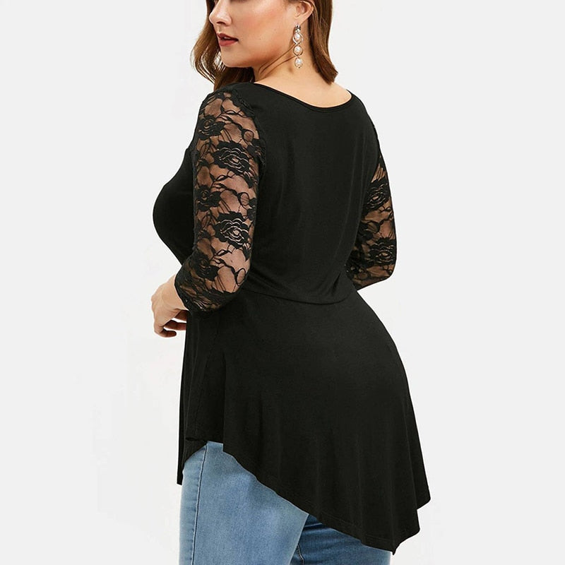 Plus Size Floral Lace Tunic Blouse Shirt for Women - Sexy Hollow Out, Ruffled, Irregular Hem - Spring Autumn Big Size Tops