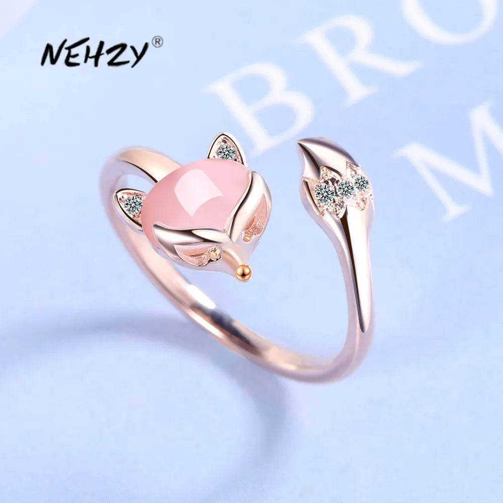 NEHZY 925 Sterling Silver Fox Ring with Crystal Zircon and Agate | Adjustable Size, High-Quality Fashion Jewelry for Women