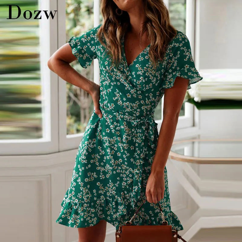 Dozw Summer Dress - Women's Casual V Neck Short Sleeves Mini Dress | Floral Print | Beach Dress