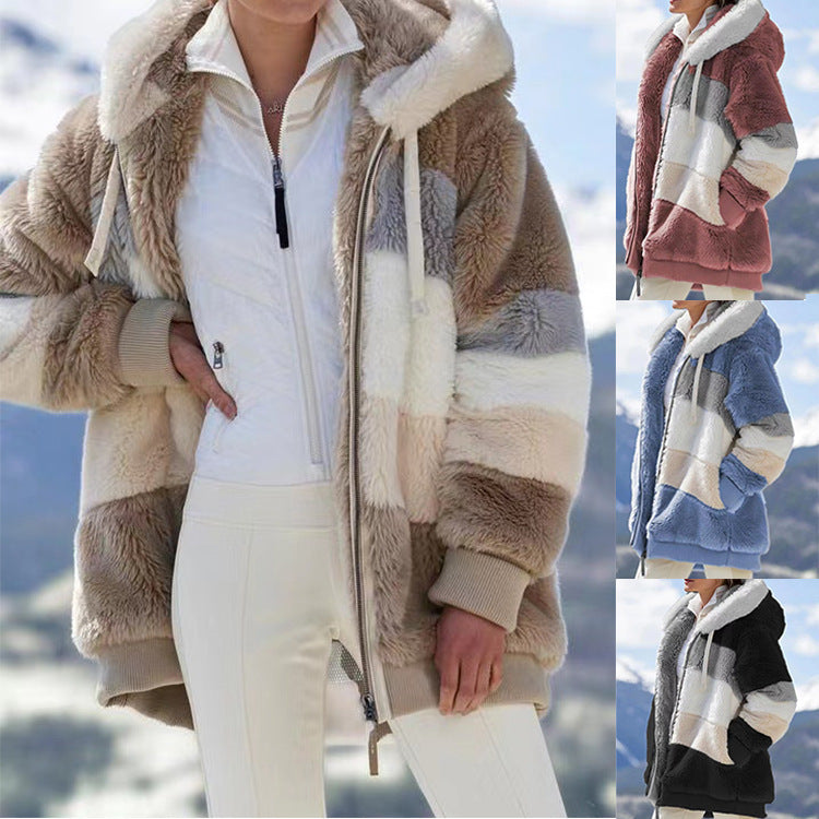 Autumn-Winter Warm Plush Panel Zipper Pocket Hooded Loose Coat for Women