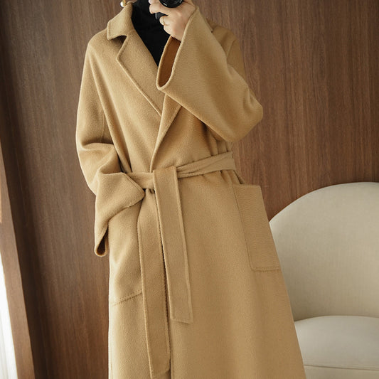 Women's autumn and winter mid-length loose double-faced cashmere coat Korean version lace-up woolen coat