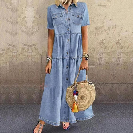 Retro Loose Denim Dress with Pockets for Plus Size Women, Short Sleeve, Turn Down Collar, 3XL